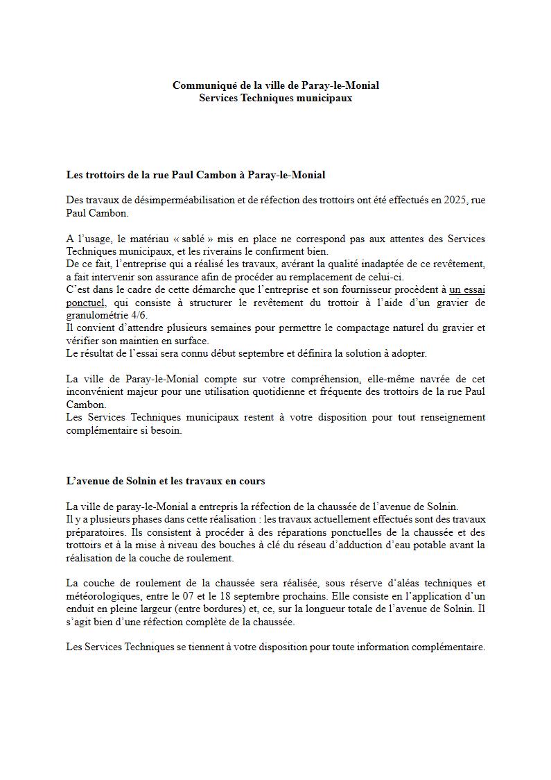 A propos des travaux de la rue Paul Cambon et de l'avenue de Solnin